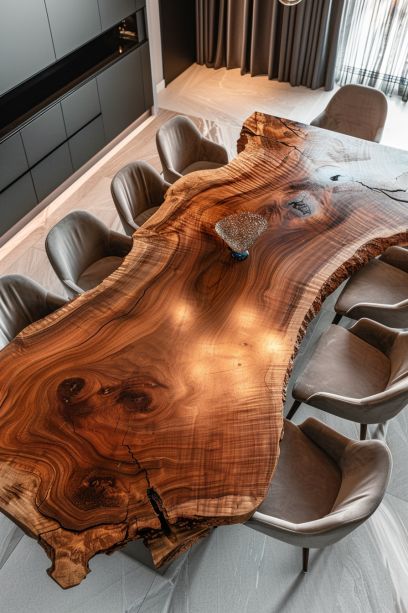 15 FABULOUS Live Edge Dining Table Ideas [Benches, Styles, Material & Tips] Raw Wood Table Dining, Live Edge Wooden Table, Unique Wood Kitchen Table, Raw Wood Kitchen Table, Raw Edge Wood Table, Rustic Live Edge Dining Table, Dining Table Chairs Design Wooden, Rough Wood Dining Table, Big Wood Table