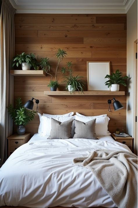 Bedroom with reclaimed wood plank wall and floating shelves Bedroom Side Wall Decor, Plank Wall Bedroom, Bedroom With Accent Wall, Wood Plank Wall, Reclaimed Wood Accent Wall, Textured Backdrop, Bedroom Wall Decor Ideas, Wood Plank Walls, Paint Inspiration