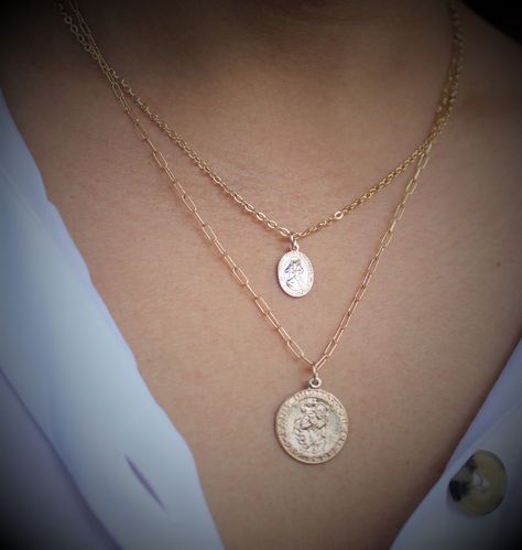 Saint Christopher Necklace, St Christopher Necklace, St Christopher Medal, Travel Necklace, Pearl Chain Necklace, Gold Coin Necklace, St Christopher, Gold Link Chain, Saint Christopher