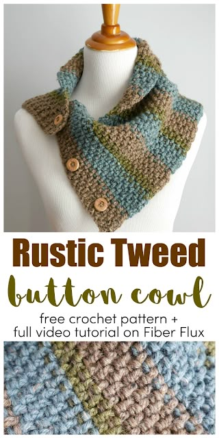 Fiber Flux: Rustic Tweed Button Cowl, Free Crochet Pattern + Video Button Cowl Crochet Pattern Free, Button Up Scarf Crochet Pattern, Crochet With Buttons Projects, Crochet Neck Warmer Free Pattern, Scarf With Buttons, Crochet Cowl Free Pattern, Cowl Patterns, Button Scarf, Crochet Neck Warmer