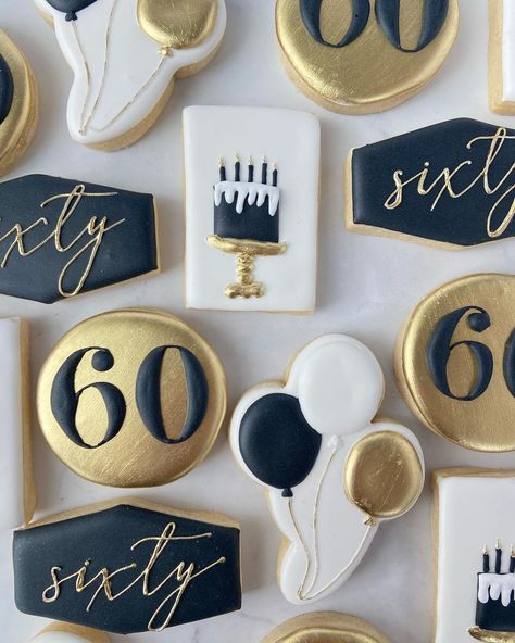 I just love these colors! . . . . . #60thbirthday #60thbirthdaycookies #goldcookies #ballooncookies #cakecookies #birthdaycookies… | Instagram 60th Birthday Biscuits, 60th Cookies Birthday For Men, Cookies 70th Birthday, Cookies For Dads Birthday, Sixty Birthday Cookies, 60th Birthday Party Cookies, Cheers To 60 Years Cookies, 90th Birthday Cookies For Men, Birthday Cookies For Adults