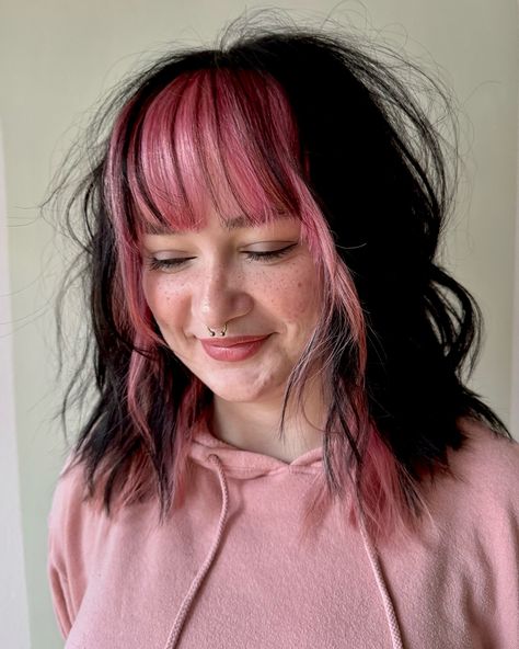 💞💓💕 @guytang_mydentity #pink #pinkhair #peekaboohair #peekaboohighlights #pastelhair #pastelpink #pastelaesthetic #twotonedhair #phillyhairstylist #phillyhair #phillyhairsalon #guytang #guytangmydentity #hairbesties #shag #shaghaircut Pink Money Piece Hair With Bangs, Pink Front Pieces Hair, Pink Dyed Bangs, Pink Shag Hair, Colour Block Hair, Money Piece With Bangs, Pink And Green Highlights, Pink Money Piece, Dyed Bangs