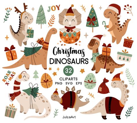 Christmas Dinosaur, Christmas Animals Illustration, Winter Party Decorations, Pink Christmas Decorations, New Year Greeting Cards, Winter Party, New Year Greetings, Create Digital Product, Dinosaur Christmas