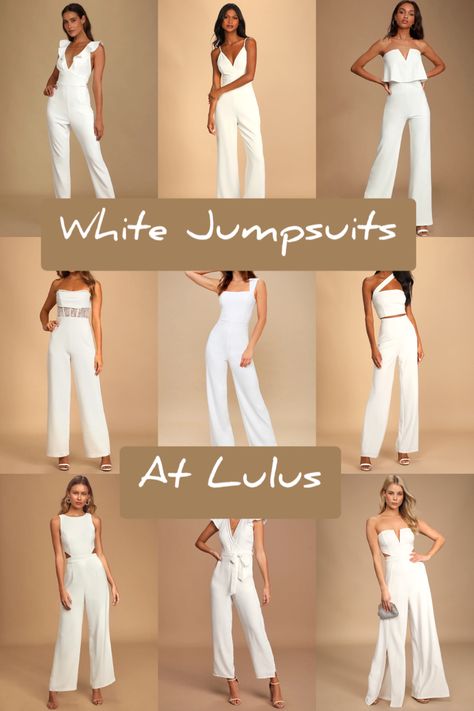 Rehearsal dinner, bride, bridal jumpsuit White Jumpsuit Graduation Outfit, White Jumpsuit Outfit Classy, Jumpsuit Elegant Chic, Wedding Vans, White Jumpsuits, Classy Wedding Dress, Ruffle Jumpsuit, White Jumper, Jumpsuit Elegant