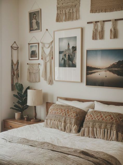 Macrame Gallery Wall, Boho Bedroom Makeover, Aesthetic Bedroom Ideas, Aesthetic Wall Decor, Perfect Aesthetic, Macrame Wall Hangings, Polaroid Pictures, Macrame Hanging, Hanging Macrame