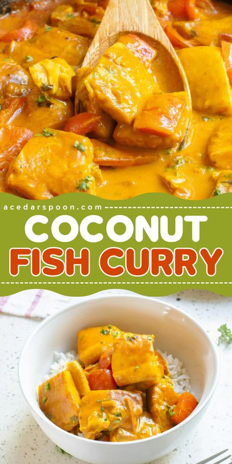 Coconut Fish Curry is a rich, fragrant curry dish where fresh fish is cooked in a rich, creamy coconut milk sauce with red curry paste, warm spices and fresh vegetables. This fish curry recipe cooks in 15 minutes making it an easy, healthy weeknight meal. Curry Sauce For Fish, Fish Recipes Indian Style, Coconut Curry Fish, Easy Fish Curry Recipe, Coconut Fish Curry, Coconut Milk Sauce, Curry Fish, Coconut Curry Recipes, Coconut Fish