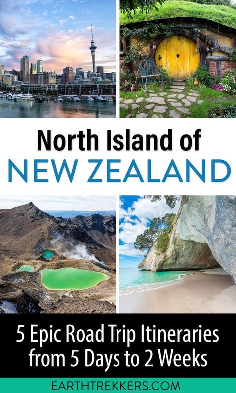 New Zealand North Island Itinerary planner. Here are 5 different ways to plan a trip to the North Island of New Zealand, ranging from 5 days to 2 weeks. Visit Auckland, Wellington, Tongariro Alpine Crossing, Bay of Islands, Cape Reinga, Hobbiton, Waitomo, Coromandel Peninsula, Cathedral Cove, Taupo, Rotorua, and more. Earth Trekkers, Coromandel Peninsula, New Zealand North Island, Cape Reinga, Cathedral Cove, New Zealand Itinerary, North Island New Zealand, New Zealand Travel Guide, Itinerary Planner