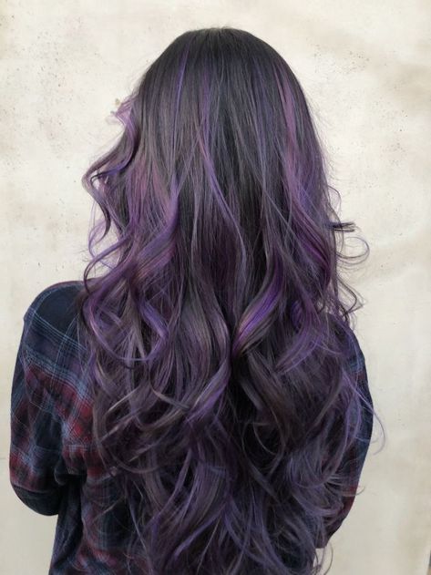 Purple And Black Balayage Hair, Brown Hair And Purple Highlights, Purple Low Lights Brown Hair, Purple Highlights Black Hair Curly Hair, Purple Highlights Black Hair, Light Purple Highlights, Purple Peekaboo Highlights, Purple Highlights Brown Hair, Purple Black Hair