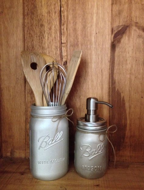 Brushed Nickel Mason Jar Utensil Crock  Painted by TagsnTwine Mason Jar Utensil Holder, Mason Jar Kitchen, Utensil Caddy, Jar Kitchen, Diy Crafts For Adults, Utensil Crock, Rustic Farmhouse Kitchen, Painting Glassware, Mason Jar Lighting