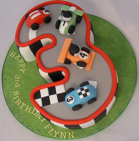 race track on top of number cake 3rd Birthday Cakes For Boys, Racing Car Cake, Boys Bday Cakes, Pull Apart Cupcake Cake, Pull Apart Cake, Pull Apart Cupcakes, Car Birthday Theme, Cake Decorating With Fondant, Cars Theme Birthday Party