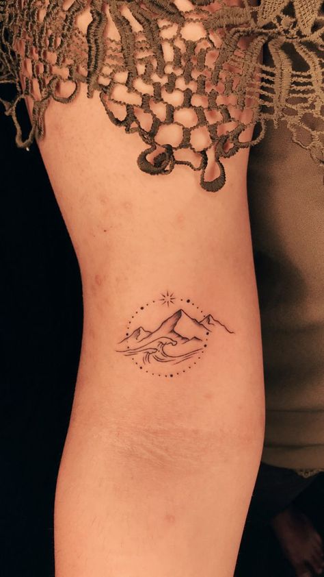 Waves Mountain Sun Tattoo, Mountains Waves Tattoo, Mountain Meets Ocean Tattoo, Ocean Meets Mountains Tattoo, Mountain Water Tattoo Simple, Hawaii Mountain Tattoo, Mountain Waves Tattoo, Mountain And Sea Tattoo Simple, Mountain To Ocean Tattoo