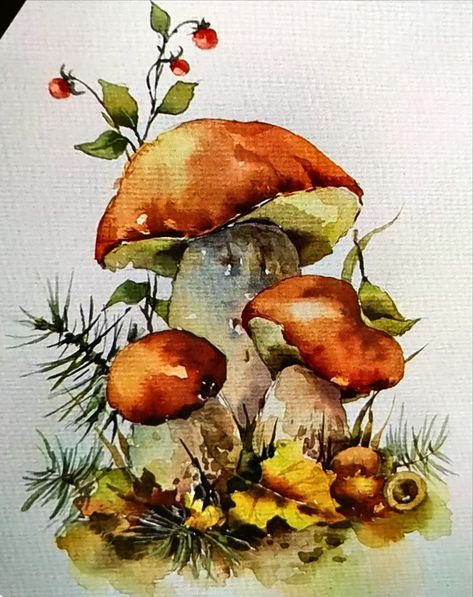 Oil Painting Lessons, Diy Watercolor Painting, Fall Watercolor, Watercolor Flower Art, 수채화 그림, Watercolor Art Lessons, Autumn Painting, Mushroom Art, Painting Art Projects