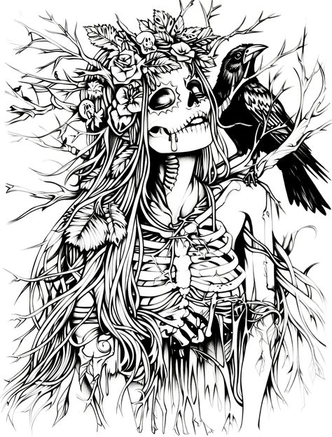 Dark Fantasy Line Art, Free Witch Coloring Pages, Detailed Coloring Pages For Adults, Coloring Book Art Beautiful, Spooky Halloween Coloring Pages, Satanic Coloring Pages, Gothic Coloring Pages For Adults, Coraline Coloring Pages, Dark Line Art