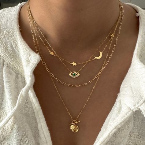 Yara Necklace – LE sensor Aesthetic Evil Eye Necklace, Stacked Gold Necklaces, Gold Stacked Necklaces, Silver Necklace Stack, Gold Necklace Stack, Necklace Stacks, Silver And Gold Necklace, Moon And Star Necklace, Star And Moon Necklace