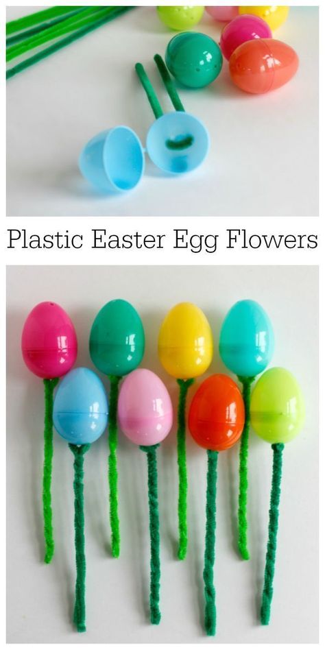 Easter Craft for Plastic Eggs and Pipe Cleaner Flowers Diy Osterschmuck, Pipe Cleaner Flowers, Colored Eggs, Eggs Flowers, Plastic Easter Eggs, Easy Easter Crafts, Plastic Eggs, Easter Projects, Easter Craft