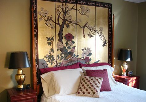 Unique Headboard Ideas for your Bed | The Early Bird Folding Screen Headboard, Screen Headboard, Asian Inspired Bedroom, King Size Bed Designs, Asian Bedroom, Asian Room, Simple Bed Designs, Japanese Bedroom, Minimalist Bed