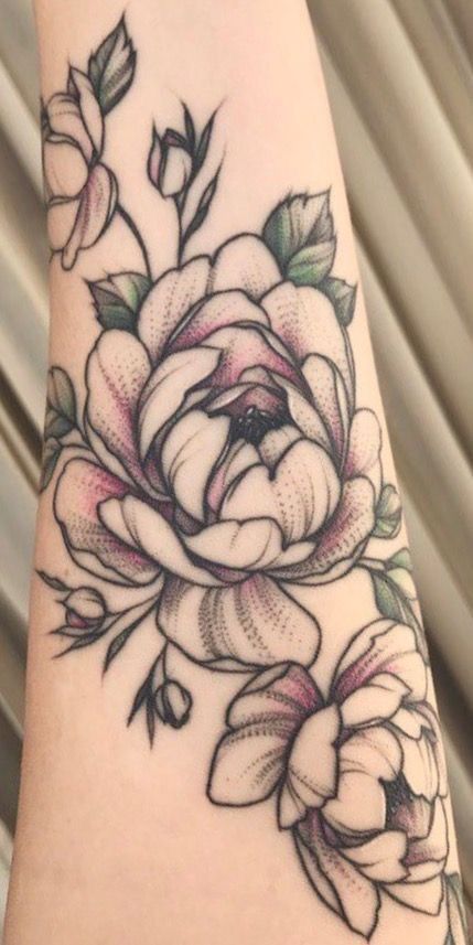 Partially Colored Tattoo, Color Stippling Tattoo, Light Color Flower Tattoo, Dot Work Tattoo Color, Stipple Color Tattoo, Lightly Colored Tattoo, Lightly Colored Flower Tattoo, Light Color Tattoo Ink, Hint Of Color Tattoo