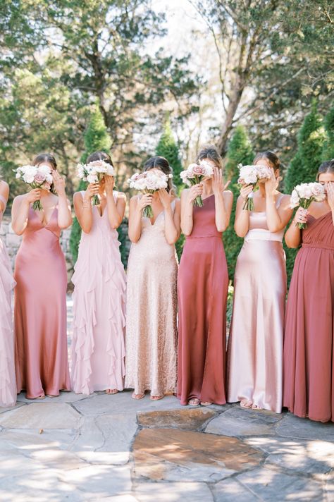 Bridesmaids with Petite Spring Boquets in Mix-and-Match Dresses in Shades of Pink Mauve Mix Match Bridesmaid Dress, Mismatched Bridesmaid Dresses Dusty Rose, Pink Mix Matched Bridesmaid Dresses, Pink And Floral Bridesmaid Dresses, Mixed Blush Bridesmaid Dresses, Mismatched Light Pink Bridesmaid Dresses, Pink Bridesmaid Aesthetic, Pink And Green Mismatched Bridesmaids, Pink Shades Bridesmaid Dresses Mix Match