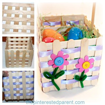 Popsicle Stick Easter Basket Craft - a pretty project that you can make with your kids Easter Basket Craft Ideas, Easter Basket Craft, Diy – Velikonoce, Art Docent, Easter Basket Crafts, Diy Popsicle, Popsicle Crafts, Basket Crafts, Flower Craft