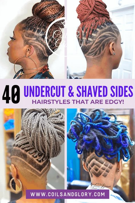 Shaved Side Braided Hairstyles, Natural Undercut Hairstyles Black Women, Shaved Side Natural Hairstyles, Haircut Designs For Women Black, Mohawk Loc Styles Black Women, Undercut Shaved Sides, Mirco Locs, Mohawk Hairstyles For Black Women, Side Shave Design