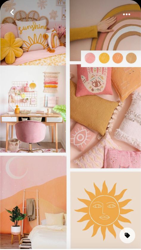 Pink And Mustard Playroom, Yellow Pink Room Aesthetic, Pink And Yellow Office Ideas, Yellow Pink Kids Room, Pink Orange And Yellow Boho Bedroom, Pink Yellow Room Decor, Sunshine Bedroom Ideas, Yellow Pink Bedroom Ideas, Yellow Girl Bedroom