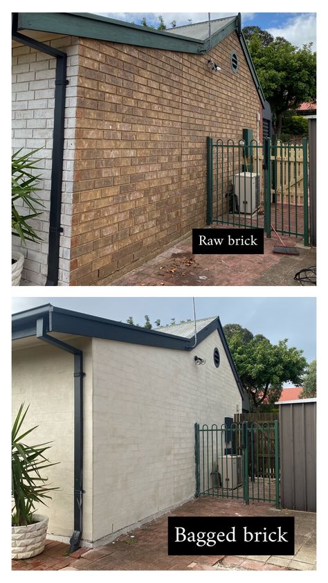 Bagged brick before and after. One coat of render Bagged Brick Exterior, Bagged Brick, Coloured Render, Exterior Render, Brick Detail, Brick Exterior, Brick Colors, Reno Ideas, Exterior Brick