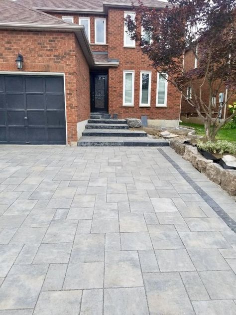 New interlock driveway, extension and front entrance.  #permacon #home #driveway #interlock #landscape #hardscape #design #canada #outdoor #curbappeal #kingkongtracting Front Driveway Ideas, Front Garden Ideas Driveway, Front Yard Walkway, Garden Ideas Driveway, Garden Slabs, Red Brick House Exterior, Diy Driveway, Brick Driveway, Walkway Landscaping