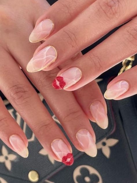 Nails in white marble with a red kiss mark accent Kiss Mark Nails, Red Kiss Mark, Nails In White, Kiss Mark, Heart Nail Designs, Pink Glitter Nails, Glittery Nails, Latest Nail Trends, Nude Nail Designs