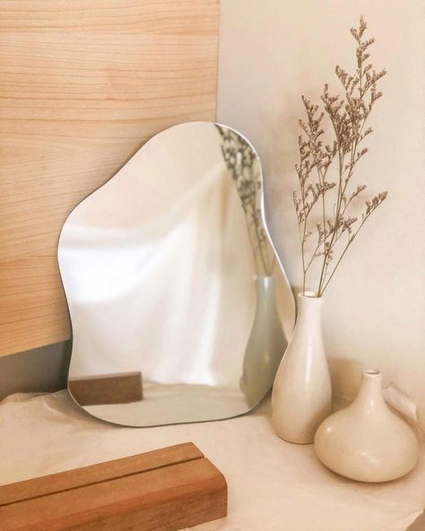 These Adorable Wavy Mirrors Make a Strong Case For Replacing My Old One Wavy Mirror, Desk Mirror, Minimalist Room, Room Ideas Bedroom, Aesthetic Bedroom, Room Aesthetic, Aesthetic Room Decor, My New Room, Makeup Mirror