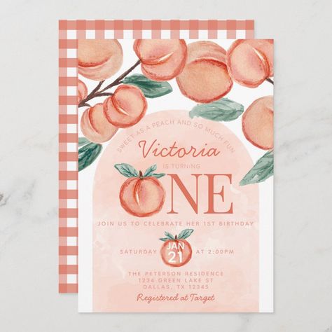 One Sweet Peach Birthday Theme, Peach Themed Birthday Party, One Sweet Peach Birthday, Peach Birthday Party, Peach Birthday, 4th Birthday Cakes, 1st Birthday Party Invitations, Perfect Peach, 2nd Birthday Party