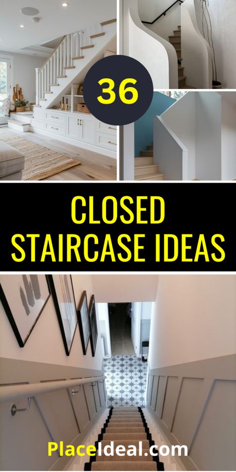 Staircase Design Closed, Bannister Ideas Staircase Makeover, Staircase Closed Wall, Open Staircase Accent Wall, Central Staircase Ideas, Downstairs Staircase Ideas, Center Hall Colonial Staircase, Basement Stairwell Remodel, Turning Staircase Ideas