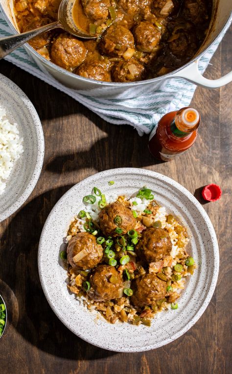 Cajun Meatball Fricassee, Cajun Meatball Stew, Meatball Fricassee, Cajun Meatball Stew Recipe, Cajun Gravy, Cajun Meatballs, Meatballs In The Oven, Meatball Stew Recipe, Spiced Meatballs