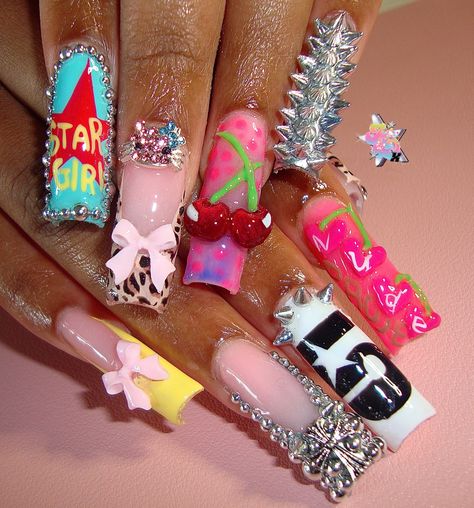 Crazy Fun Nail Designs, Mariah The Scientist Nails, Sosa Nails, Nails Acrylic With Bow, 80s Nails 1980s, Duck Junk Nails, Hello Kitty Nails Long, 2k Nails, Nail Setup