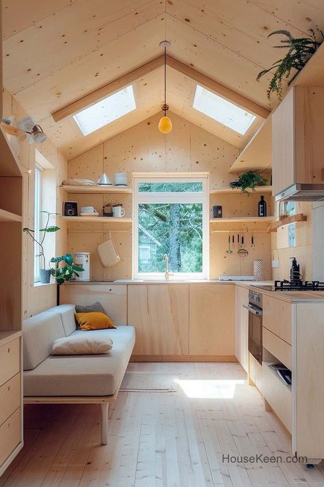 This sleek design optimizes space and functionality, featuring clean lines and a streamlined layout. Tiny House Kitchen Layout, Tiny House Kitchen Storage, Wooden Kitchen Storage, Kitchen Layout Ideas, Tiny House Inspiration, Tiny House Kitchen, Tiny House Interior, Small Homes, Tiny House Cabin