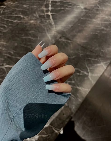 trendy baby blue aesthetic long ballerina coffin jelly japanese korean anime nails 2022 Blue Jelly Nails Korean, Nail Korean Style Blue, Blue Douyin Nails, Blue Korean Nails, Cute Korean Nail Designs, Korean Nail Designs, Ballerina Coffin, Nail 2023, Snow Nails