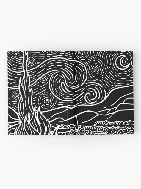 Starry Night Line Art, Vincent Van Gogh Starry Night, Design Black And White, Starry Night Painting, Wall Drawing, Line Art Design, Starry Night Van Gogh, Black And White Painting, Vincent Van