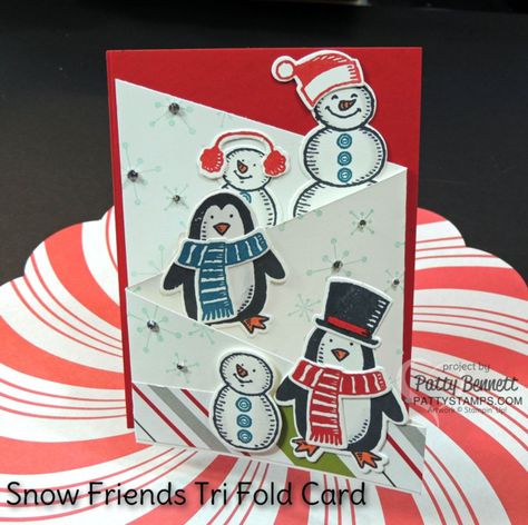 Snowman and Penguin tri fold card featuring Stampin' UP! Snow Friends and Snow Place set and framelit bundle. Holiday / Christmas card by Patty Bennett Cascading Card, Snow Friends, Patty Bennett, Snow Place, Folding Cards, Tri Fold Cards, Snowman Cards, Christmas Card Inspiration, Homemade Christmas Cards