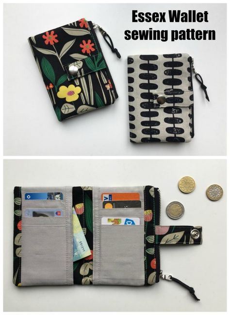 Essex Wallet sewing pattern. Create your own super handy wallet. This wallet pattern has eight card slots, a zippered coin area and space for notes too. This is an easy wallet sewing pattern ideal for confident beginners. Folding wallet to sew with coin pocket. Medium sized wallet sewing pattern. #SewModernBags #SewABag #BagSewingPattern #SewAWallet #WalletSewingPattern Small Wallet Pattern, Diy Wallet Pattern, Wallet Pattern Free, Popular Sewing Patterns, Wallet Sewing Pattern, Sew Wallet, Wallet With Coin Pocket, Simple Wallet, Wallet Tutorial