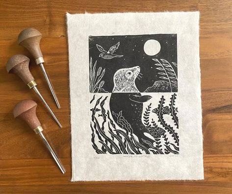 Seal Linocut, Linocut Animals, Linocut Christmas, Lino Printing, Lino Cut, Linocut Art, Handmade Stamps, Relief Print, Creature Feature