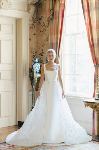 Square neck trumpet gown of mikado, with V-back. Pairs with the Callaway Detachable Train of... Anne Barge Blue Willow, Blue Willow Wedding, Couture Aesthetic, Anne Barge Wedding Dresses, Mikado Wedding Dress, Simple Wedding Gowns, Anne Barge, Detachable Skirt, Detachable Train