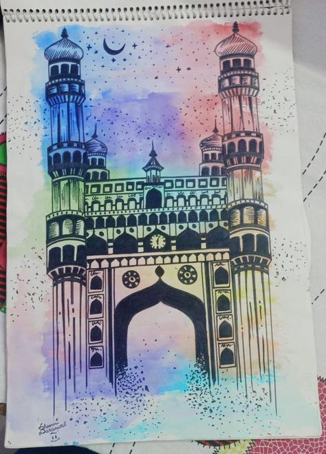 Some monuments are the soul of india, charminar is one of them... Charminar Drawing, Taj Mahal Drawing, Monument In India, Handmade Puppet, History Drawings, Mehndi Designs For Kids, Mandala Art Lesson, Easy Doodle Art, Mandala Design Art