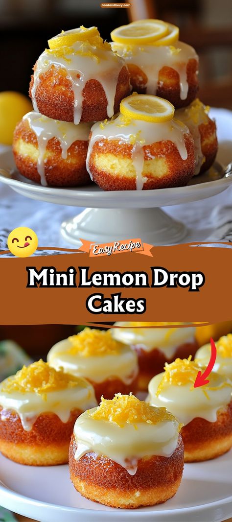 Bite into the zesty sweetness of Mini Lemon Drop Cakes, tiny bursts of bright lemon flavor in a fluffy, moist cake form. Topped with a light lemon glaze, these mini cakes are perfect for parties, afternoon teas, or whenever you need a little pick-me-up. #LemonDropCakes #MiniCakes #CitrusDessert Lemon Cake Topping, Mini Lemon Drizzle Cake, Lemon Cake Recipes Using Cake Mix Boxes, Lemon Cake Decoration, Best Lemon Pound Cake, Mini Bunt Cake, Lemon Glaze Cake, Drop Cake, Citrus Desserts