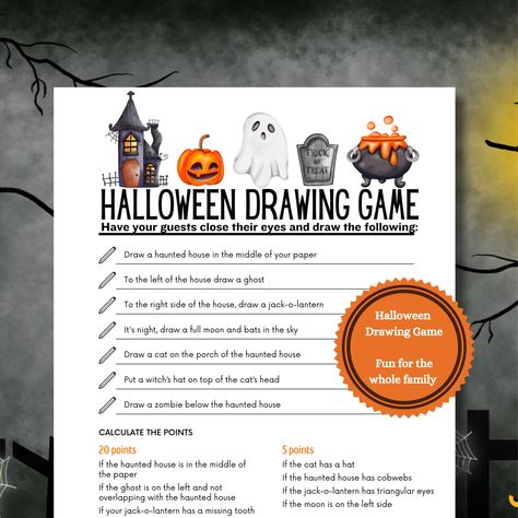 "🎃 Halloween Drawing Game: The Ultimate Spooky Sketch-Off! 🎃 Hey there, Halloween lovers! Looking for a game that's both creative and spooktacular?  The Halloween Drawing Game is just what you need to add some artistic fun to your celebrations. Perfect for Halloween parties, office shindigs, or classroom activities, this game is a hit for all ages! 👻 What's Inside: 7 Unique Drawing Prompts: From haunted houses to quirky zombies, we've got the Halloween classics covered. Easy Scoring Guide: Earn points based on specific drawing elements. Turn it into a friendly competition or just a way to show off your creative flair! 🎨 Why You'll Love It: Instant Download: Just click, print, and play! Inclusive Fun: Ideal for kids, adults, and anyone in between. Flexible: Play it at home, school, or w Halloween Blind Drawing Game, College Halloween Party Games, Fun Halloween Activities For Adults, Halloween Work Games, Office Halloween Games, Halloween Office Games, Halloween This Or That, Halloween Minute To Win It Games, Halloween Drawing Challenge