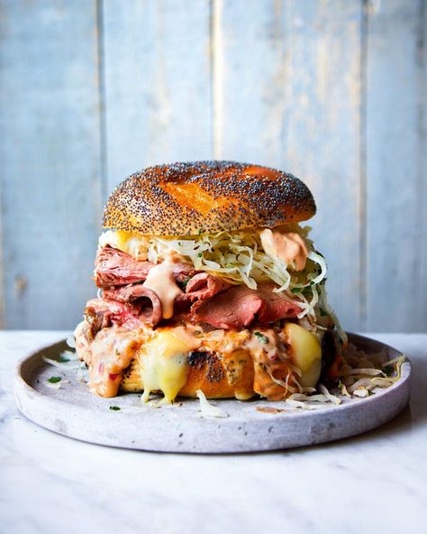 Reuben-style roast beef bagel | delicious. magazine Salt Beef Bagel, Unique Sandwich Ideas, Sunday Lunch Ideas, Bagel Burger, Toasted Bagel, Leftover Roast Beef, Roast Beef Sandwich, Beef Sandwiches, Gourmet Sandwiches