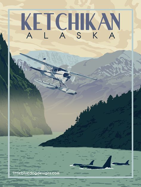 Ketchikan Alaska, Aviation Posters, Travel Postcard, Retro Travel Poster, Vintage Travel Poster, Alaska Travel, National Park Posters, Travel Illustration, Aviation Art