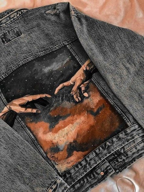 Paint Covered Clothes, Jacket Painting Aesthetic, Denim Jacket Design Ideas Paint, Black Tshirt Painting Ideas, Jean Jacket Custom, Hand Painted Denim Jacket Art Easy, Painted Clothing Ideas, Denim Jeans Painting Ideas, Custom Jeans Diy Paint