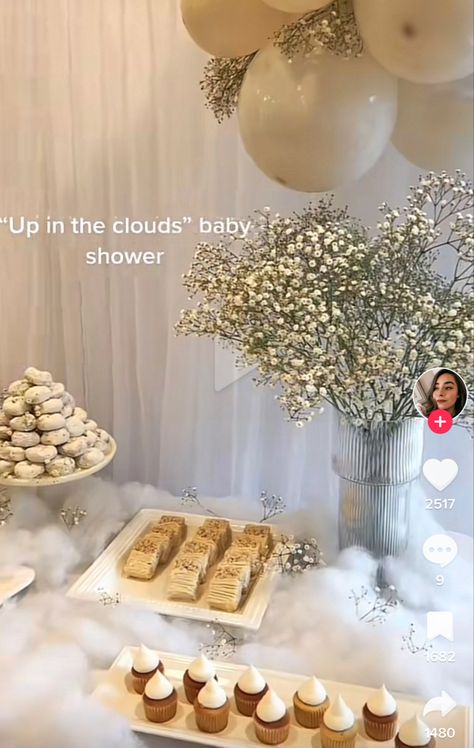 Cloud Nine Dessert Table, Cloud Theme Dessert Table, Gold And White Baby Shower Ideas, Cloud Cake Pops, Up In The Air Gender Reveal, Cloud Dessert Table, Cloud Gender Reveal, Gender Reveal Dessert Table, On Cloud 9 Bridal Shower