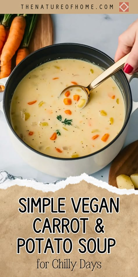 Simple and satisfying, this vegan carrot and potato soup is perfect for chilly days. Made with wholesome ingredients, it's a healthy and comforting meal. Save this pin for a go-to vegan soup recipe! Kale Carrot Soup, Vegan Tuscan Soup, Vegetarian Creamy Soup, Vegan Winter Soups And Stews, Vegan Gluten Free Soup Recipes, Simple Vegan Soup, Nutritarian Soup, Vegan Soup Recipes Plant Based, Fast Dinner Recipes Vegetarian