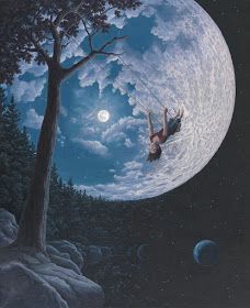 Over the Moon - Paintings and Optical Illusions by Rob Gonsalves Robert Gonsalves, Rob Gonsalves, Optical Illusion Paintings, Art Mini Toile, Illusion Paintings, Colossal Art, Magic Realism, Realism Painting, Surrealism Painting