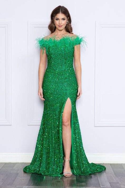 Green Sequin Gown, Velvet Knit, Feather Gown, Straight Across Neckline, Sequin Evening Gowns, Velvet Prom Dress, Feather Tops, Mermaid Evening Gown, Trumpet Dress